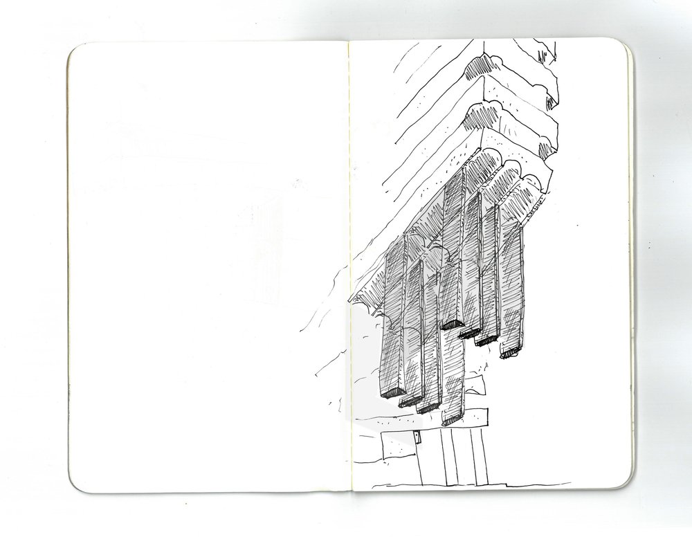 WORMS EYE AXO OF SOUTH FACADE OF SOUTH BUILDING with glass