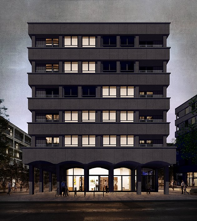 lo-res SOUTH BUILDING with overlay EAST FACADE - 6 STOREY REVISED BALCONY. NIGHT VIEW